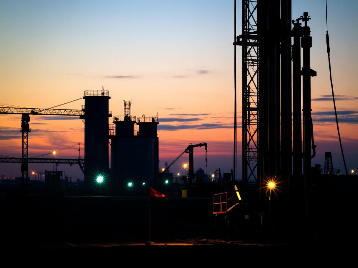 Drilling site near an industrial area at dusk